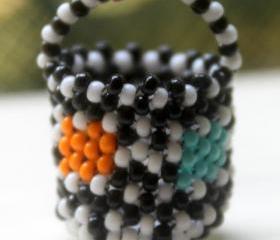 Miniature Beaded Basket Black & White with Color Blocks