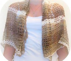 Crochet cotton shawl with flowers, handmade, brown, beige and white