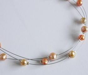 Multi-strand illusion necklace peach gold and orange freshwater pearls- Demeter