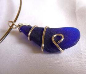  Sea glass choker, necklace, cobalt blue, silver, handmade