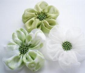 Lime-White Chiffon Flowers Handmade Appliques Embellishments(3 pcs)