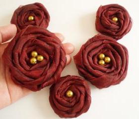 Burgundy Chiffon Roses Handmade Appliques Embellishments(5 pcs)