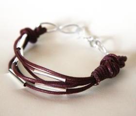 for him - metal and waxed cotton - burgundy wine and silver- men and unisex bracelet -