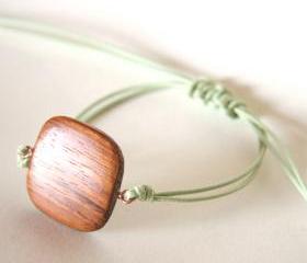 for him - rustic bracelet wooden andl light green waxed cotton - men and unisex bracelet