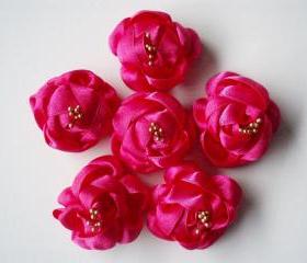 Handmade Fushia Ribbon Flower Appliques Embellishments(6pcs) 