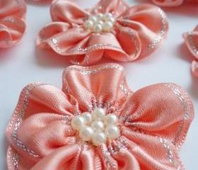 Handmade Peach Ribbon Flower Appliques Embellishments (6pcs)