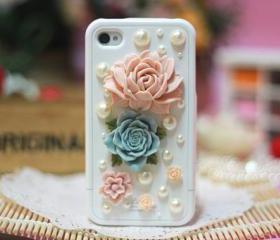 Cute iPhone 4 case, floral iPhone case, flowers pearl iPhone 4/4s case, unique iPhone 4 case cover