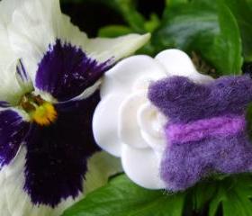 Butterfly ring - Purple felt butterfly on a white rose