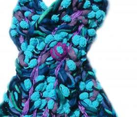Blue and purple textured Scarflette scarf with embellished felt brooch