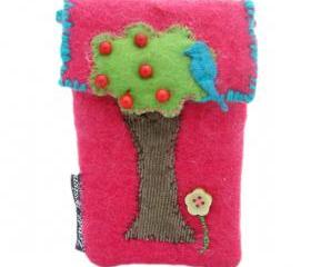 felt phone pouch-apple tree and blue bird