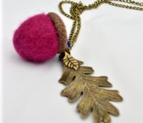 Autumn felt Acorn Necklace in fuchsia pink- waldorf