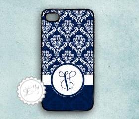iPhone 4S personalized monogram case in navy blue damask cover
