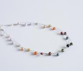 Rainbow freshwater pearl floating multi strand illusion necklace - Iris