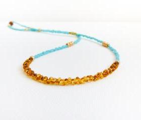 Turquoise gold topaz tiny seed beads necklace,