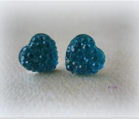 Mini Rhinestone Heart Earrings - Teal - Jewelry by FIVE