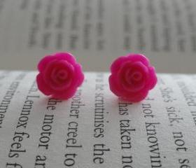 Hot Pink Rose Stud Earrings - Flower Stud Earrings