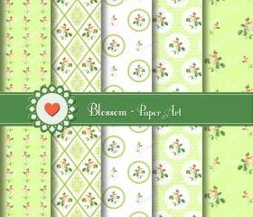 Vintage Flowers Digital Scrapbooking Paper - Green - Shabby Chic - Download Image - Cardmaking - Wedding - Decoupage