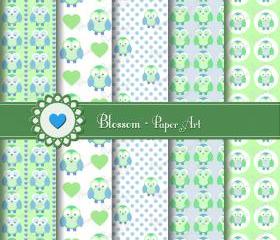 Owls Digital Scrapbooking Paper - Baby Shower - Light Blue Green - Cardmaking - Handmade Stationary - Baby Birthday