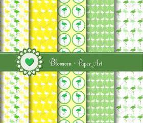 Flamingo Green Yellow Digital Scrapbooking Paper - Cardmaking - Decoupage - Collage Sheet - Download Images - Blossom Paper Art