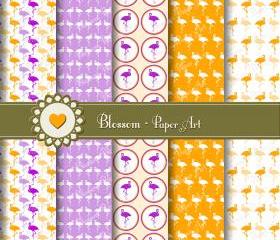 Flamingo Digital Scrapbooking Paper - Purple Orange - Cardmaking - Decoupage - Printables - Download Image - Scrapbook