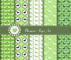 Green Horses Scrapbooking Digital Paper - Scrapbook - Collage Sheet - Printables - Decoupage - 12x12 inches - 300 dpi - Blossom Paper Art