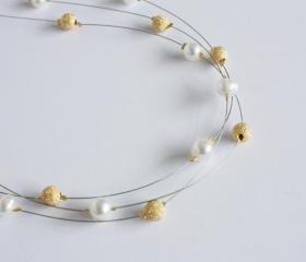 Ivory freshwater pearl and gold stardust beads floating multi strand illusion necklace- Athena