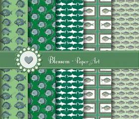  Digital Scrapbooking - Green and Blue Vintage Fishes - Shark - Sea - Ocean - Blossom Paper Art