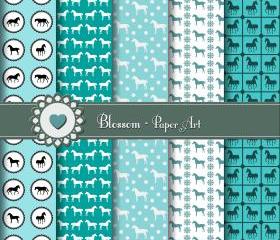 Light Blue Horses Scrapbooking Paper - Cardmaking - Handmade Stationery - Decoupage - Collage Sheet - Download Images