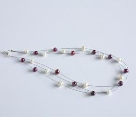 Ivory and burgundy freshwater pearl illusion necklace - Aphrodite