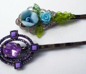hair jewelry 2 floral pins in purple and turquoise