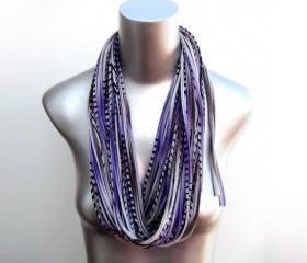 Infinity Scarf Circle Necklace Purple Boho Scarves Loop Eternity w Brown Black Fabric Jewelry unique Tribal Bohemian Statement Eggplant