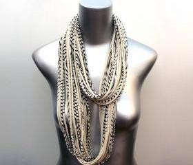 Stripe Womens Boho Necklace Jersey Scarf Infinity Circle Scarves Loop Eternity Black Organic Fabric Jewelry unique Tribal Bohemian