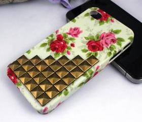 Cute iphone 4 cases - floral iPhone 4s case, punk antique bronze pyramid studs iPhone 4 case, studded iPhone case