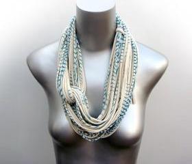 Cotton Eternity Scarf Infinity Stripe Boho Circle Necklace Scarves Loop Cream Teal Organic Fabric Jewelry unique Tribal Bohemian Statement