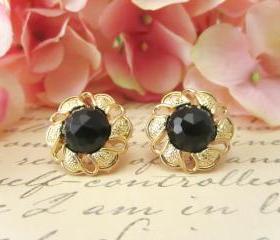 Vintage Black Gem Flower Earrings, Studs, Clip on, Bridesmaid Earrings, Floral Earrings