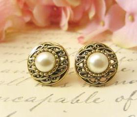 Antique Gold Pearl Earrings, Vintage Button Earrings, Vintage earrings, Pearl Earrings, Studs, Clip on, post, earrings, bridesmaid earrings