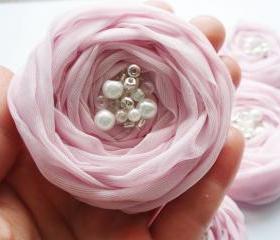 Pink Chiffon Roses Handmade Appliques Embellishments(5 pcs)