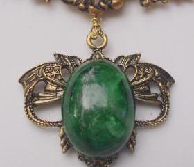  necklace with floral vintage front piece and malachite pendant, art nouveau