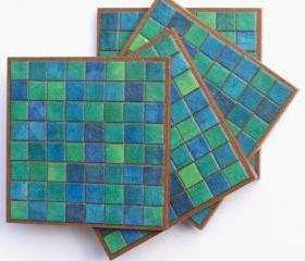 Coasters Handmade Paper Blue Green Mosaic Tiles