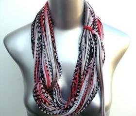 Boho Red Grey Brown Stripe Scarf Infinity Circle African Necklace Scarves Loop Eternity Fabric Jewelry Womens Mens Tribal Neckpieces