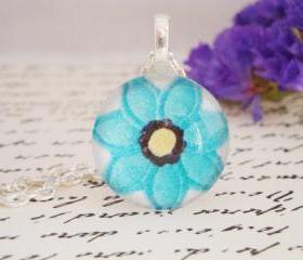 Gorgeous hand made blue flower glass pendant necklace