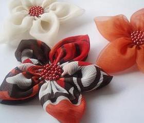 Cream Orange and Textured Chiffon Flowers Handmade Appliques Embellishments(3 pcs)