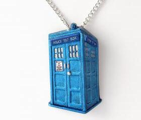 Metallic Blue Tardis Pendant and Necklace
