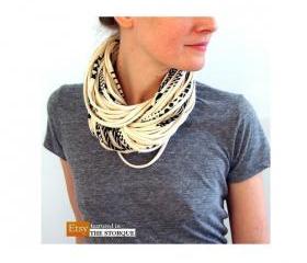 Infinity Winter Scarf Cream White w Black Cowl Necklace Fabric Jewelry Summer Mens Womens Neck Scarves Eternity Circle Chunky Jersey Cotton