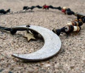 Leather cord necklace with metal Moon and Star pendants