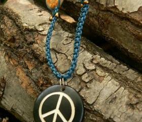 Leather macrame necklace with peace sign pendant