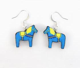 Blue and Yellow Swedish Dala Horse Earrings