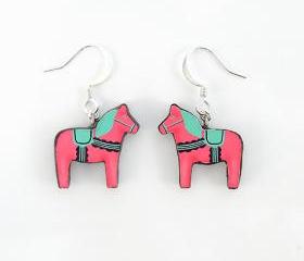 Pink and Green Swedish Dala Horse Earrings 