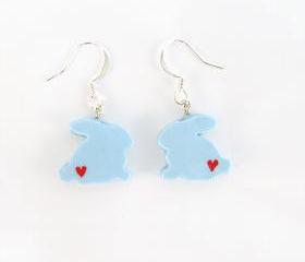 Clay Sculpted Blue Bunny Earrings with Hearts