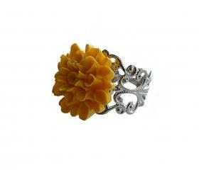 Yellow Flower and Silver Filigree Adjustable Ring